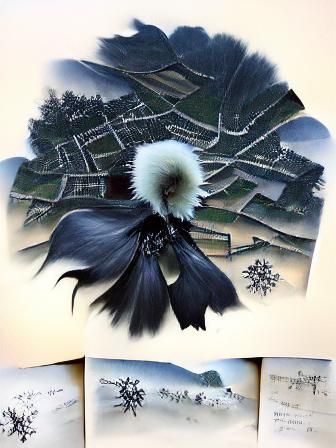 Village at Evening with Black Sun, in Woodblock Print Style