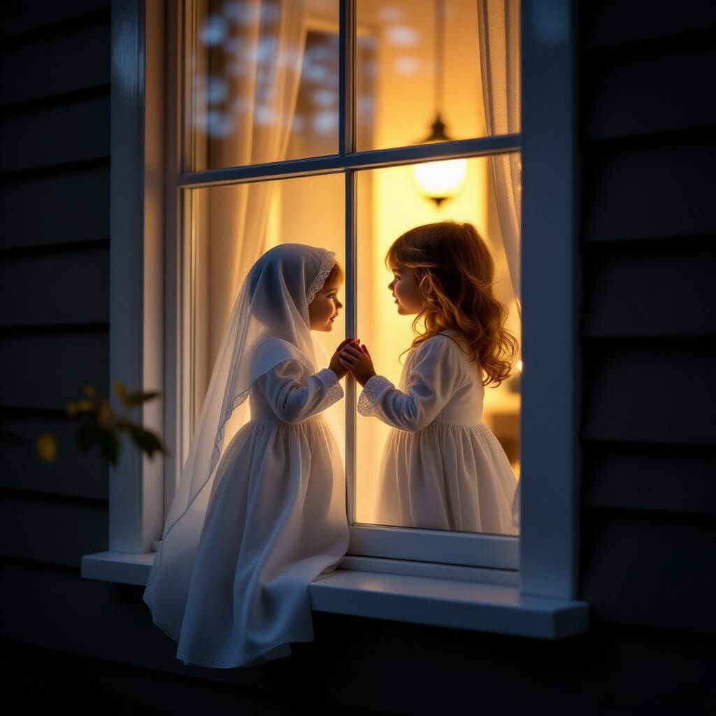 Ghostly Child Peeks Through Window at Night