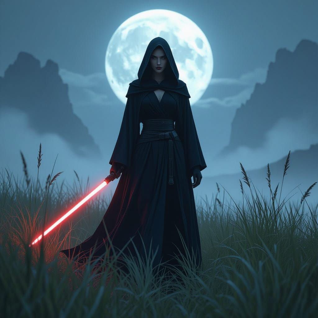 Sith Warrior in Moonlit Grasslands: Dark Fantasy