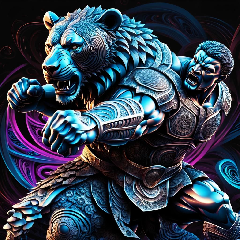 Gladiator Statue Fighting Bear in Abstract Vector Style