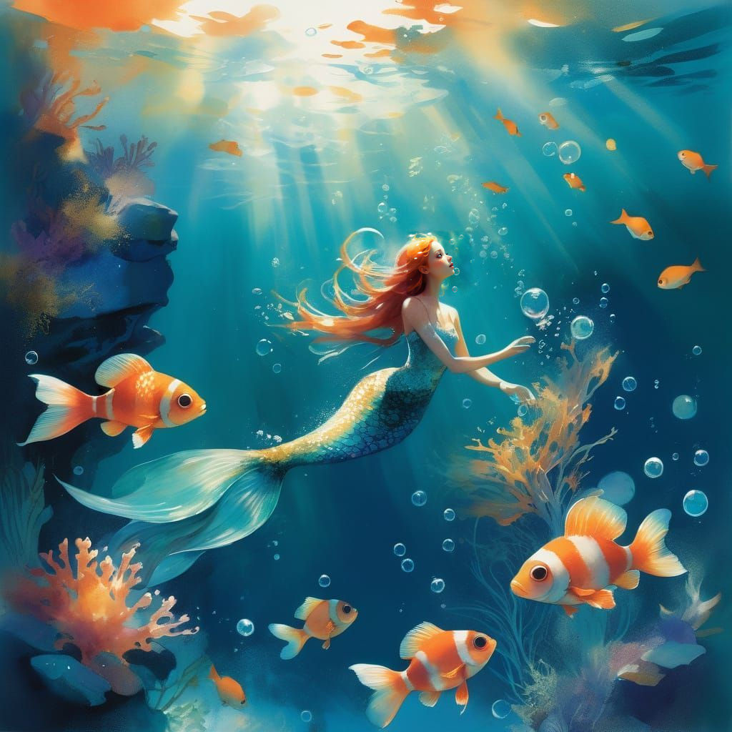 Underwater Mermaid Playing with Clownfish Illustration