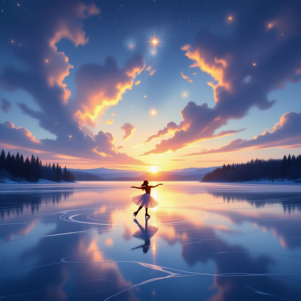 Figure Skater on Sky Lake Amidst Cosmic Nebula
