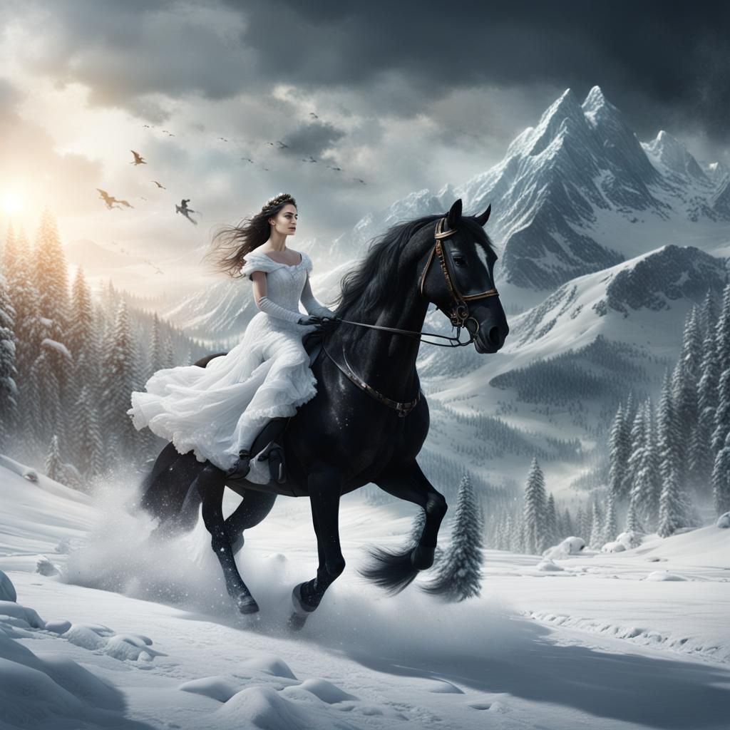 Cinematic Princess Rides Black Horse in Snow