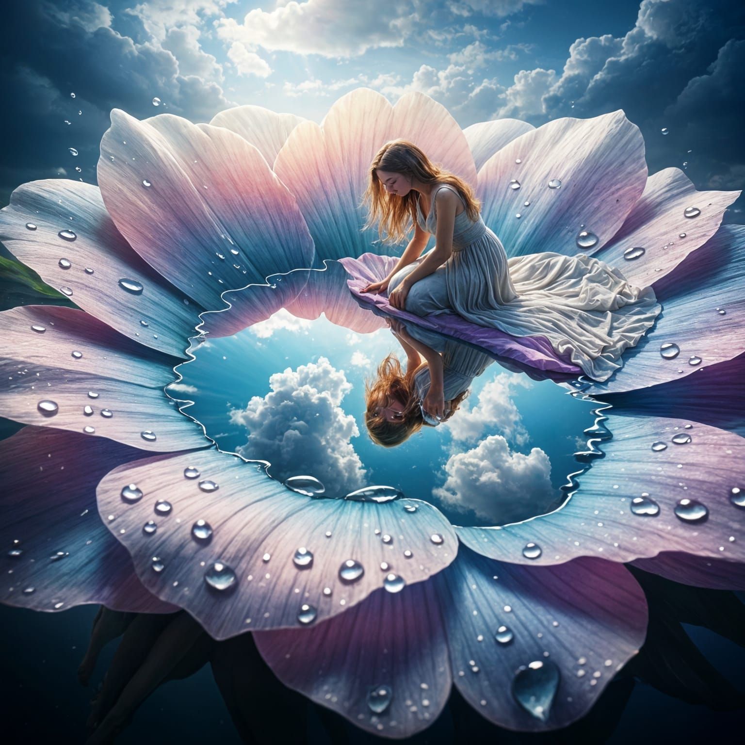 Woman Reflecting in Water on Flower Petal