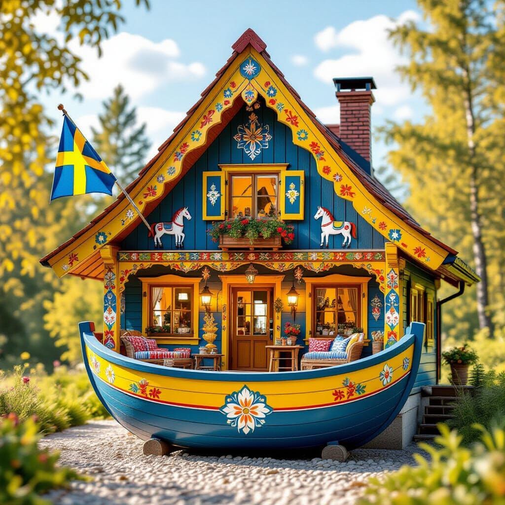 Giant Swedish Clog House with Dala Horse Carvings