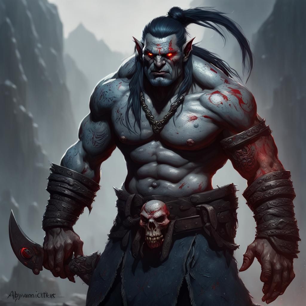 Detailed Dark Fantasy Half-Orc Barbarian Portrait