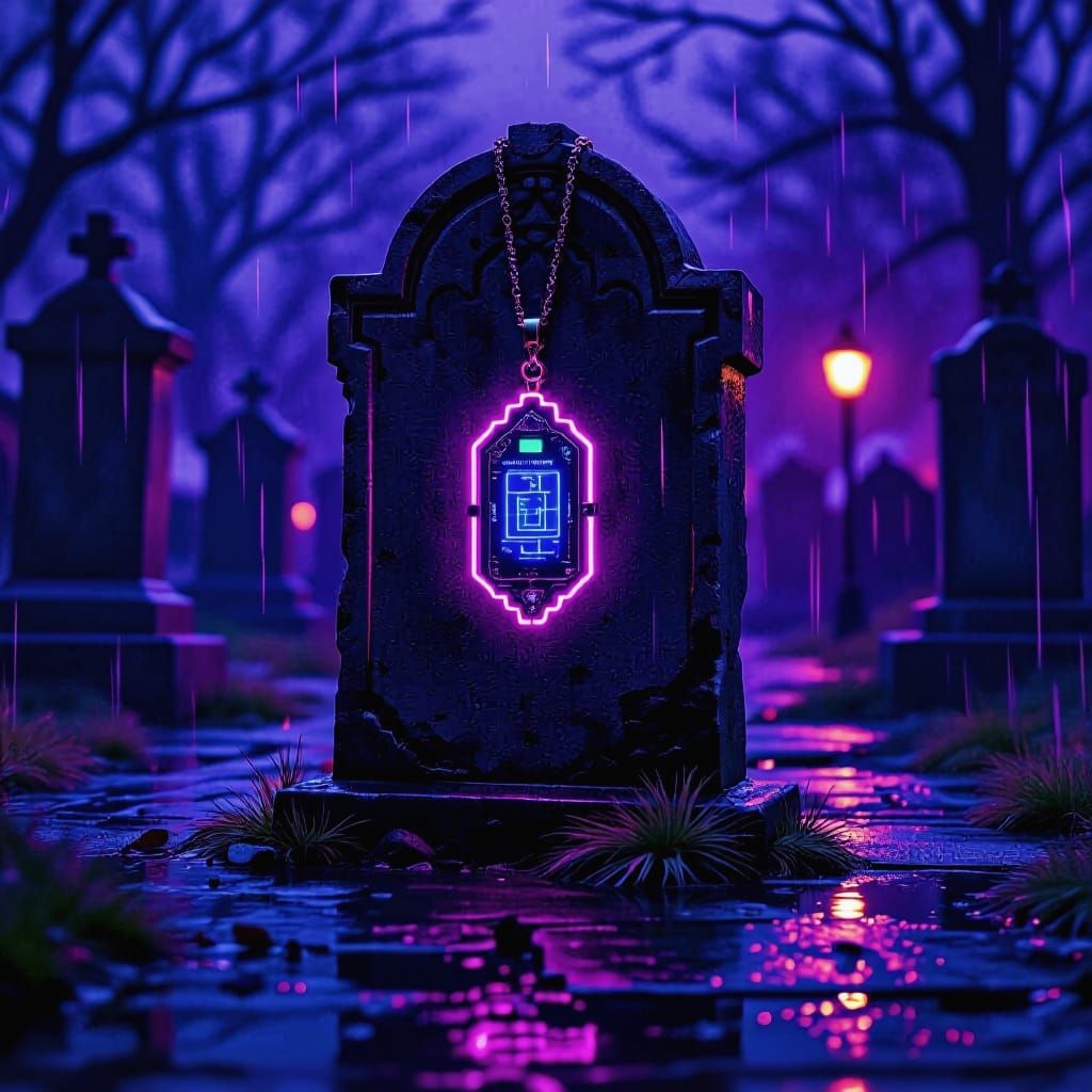 Cyberpunk Amulet on Tombstone with Spirit Energy