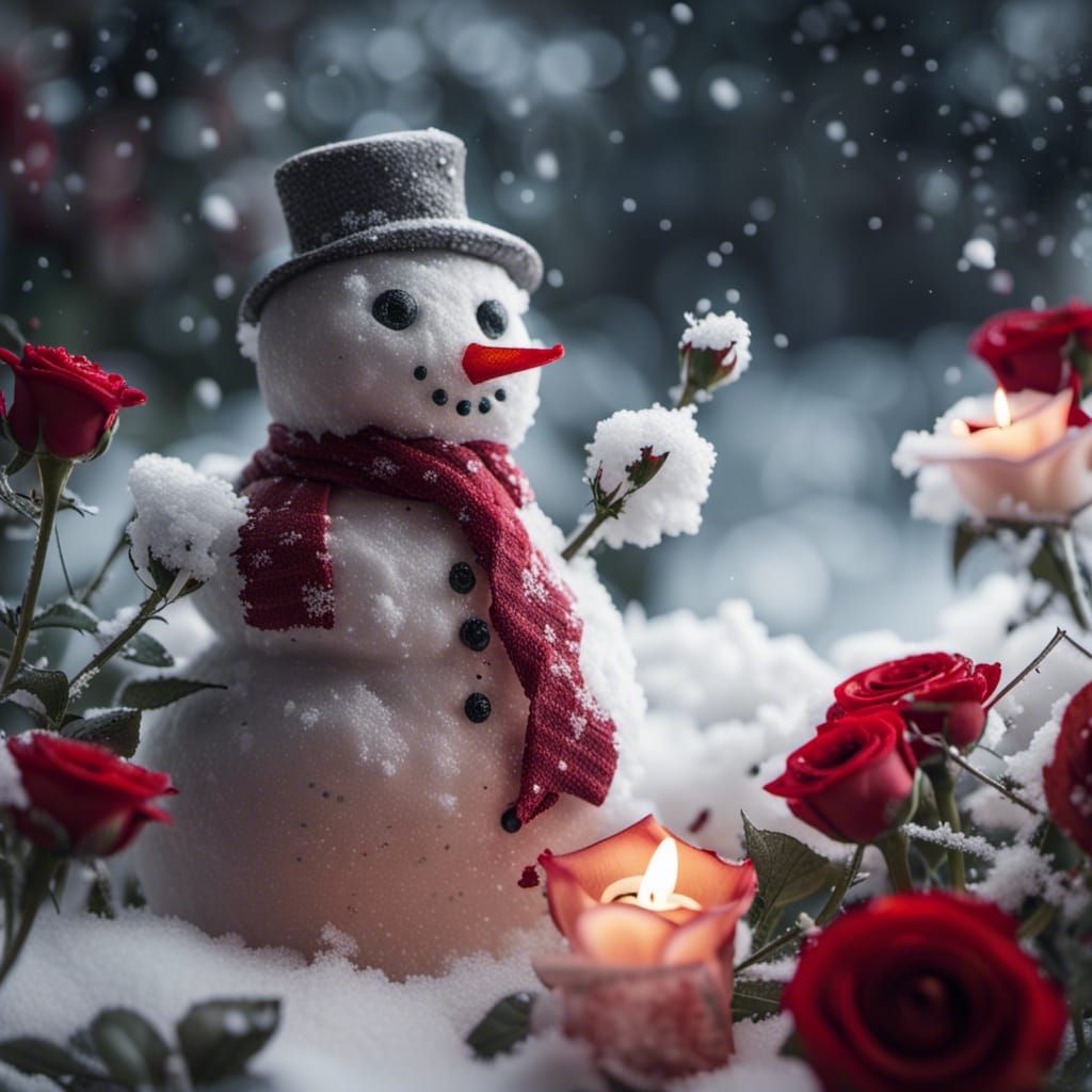 Snowy Flower Garden with Glowing Roses