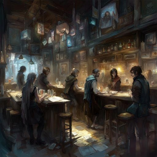 Lively Fantasy Tavern Scene with Adventurers