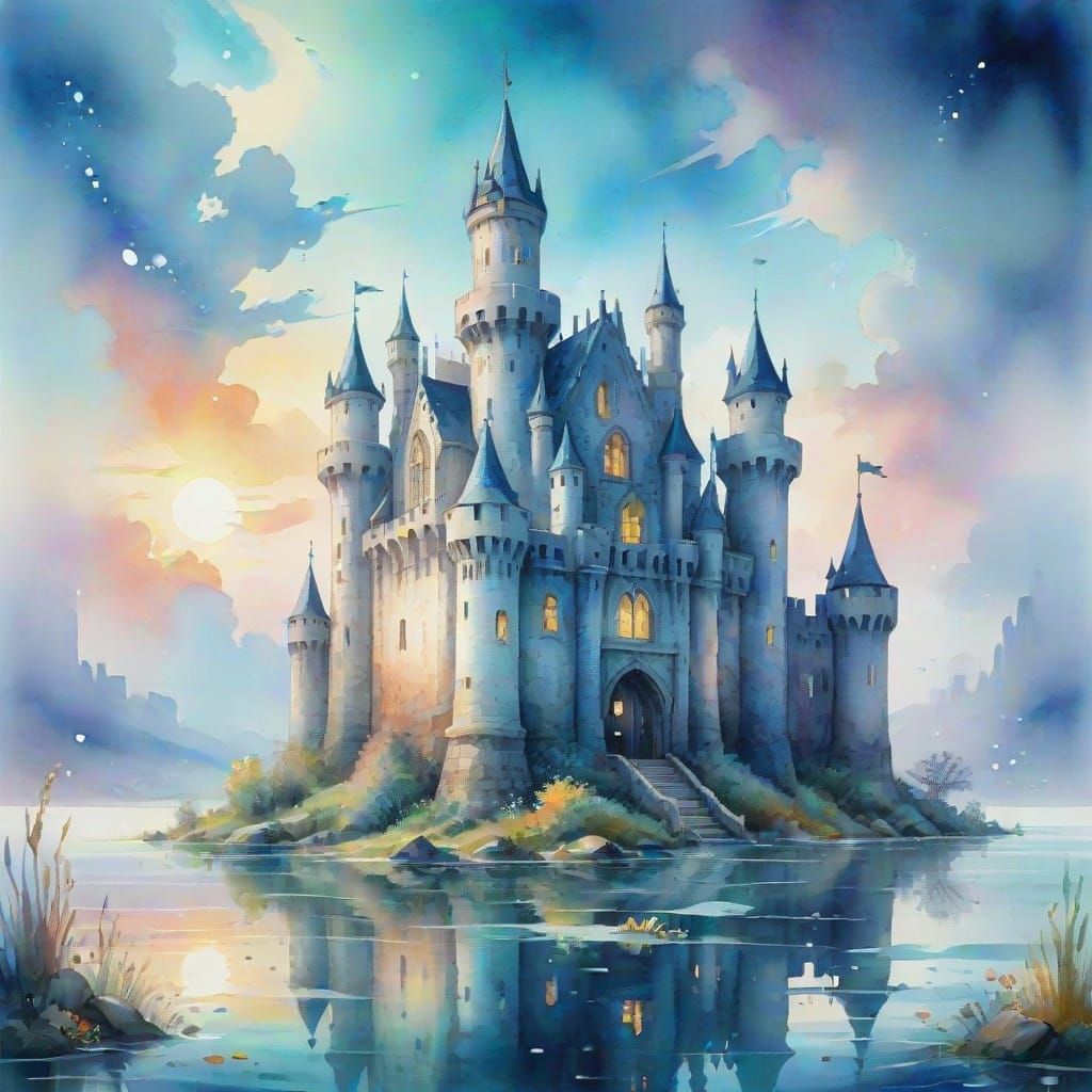 Underwater White Castle: Dreamy Watercolor Painting