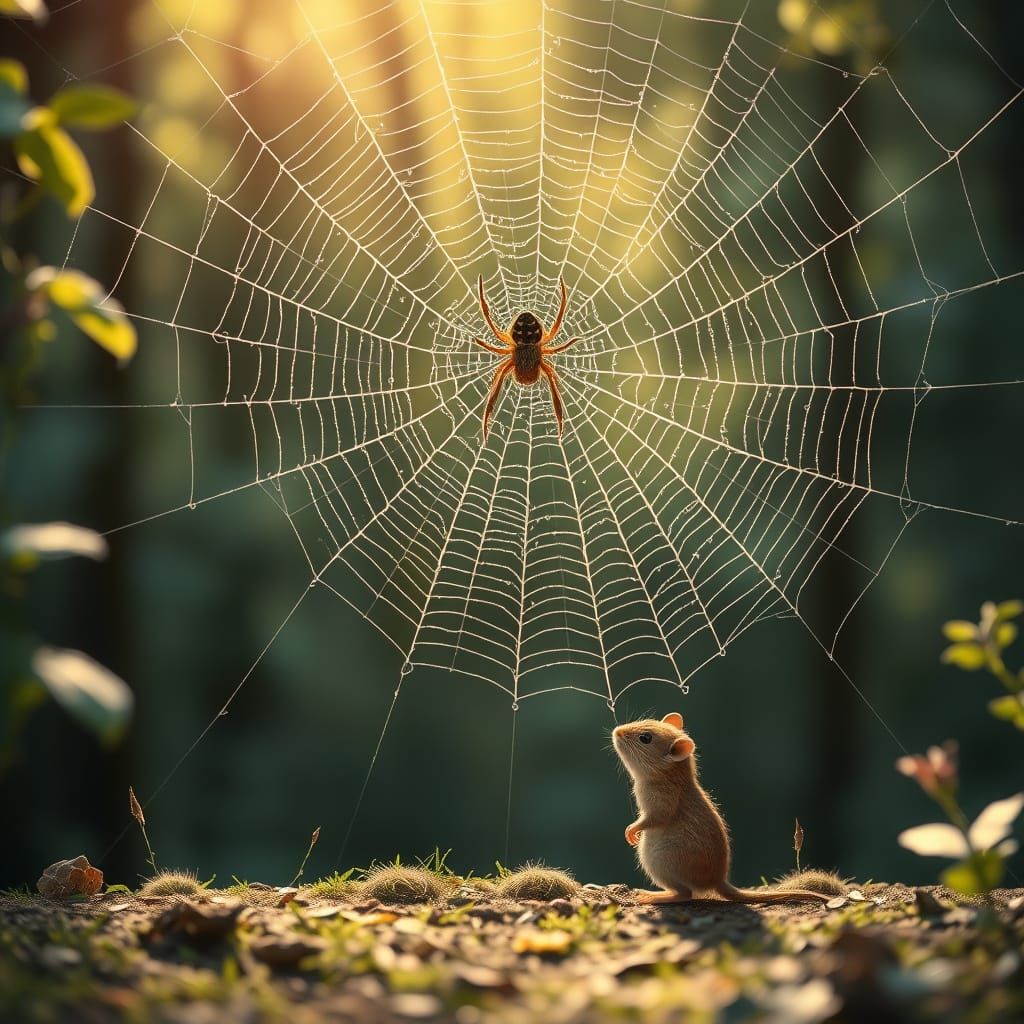 A Golden Mouse Discovers a Serene Spider's Web in a Whimsica...