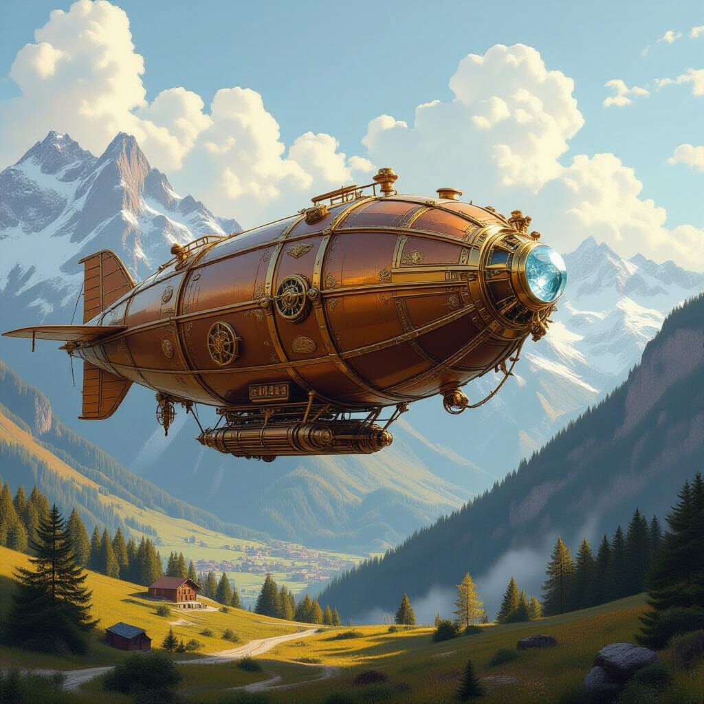 Steampunk Zeppelin Over Alpine Valley, Hyperrealistic Painti...