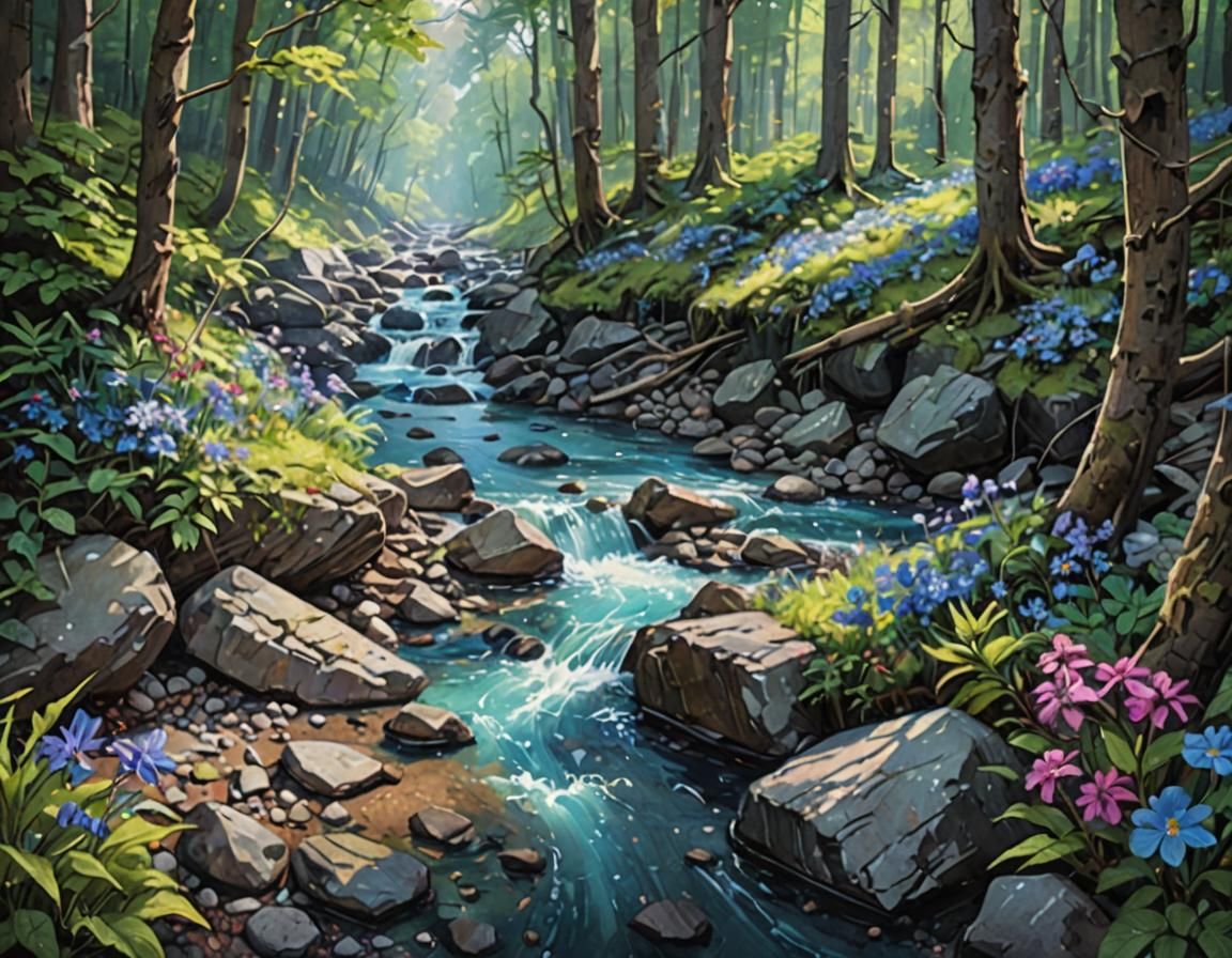 Jewel Blue Stream in Forest: Watercolor Art
