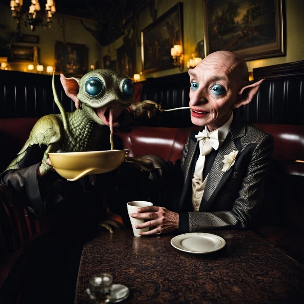 Surreal Restaurant Scene with Exotic Aliens