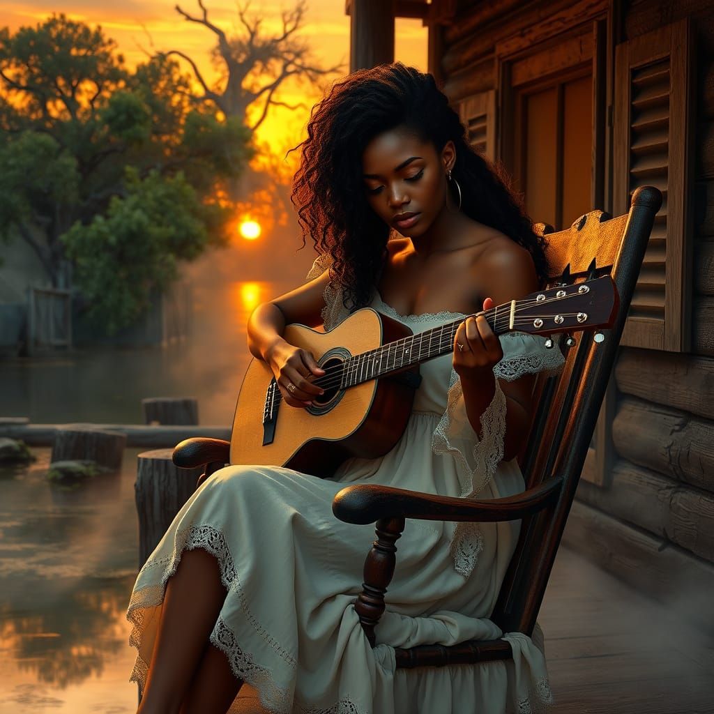 Surreal Bayou Sunset with Serene Guitarist