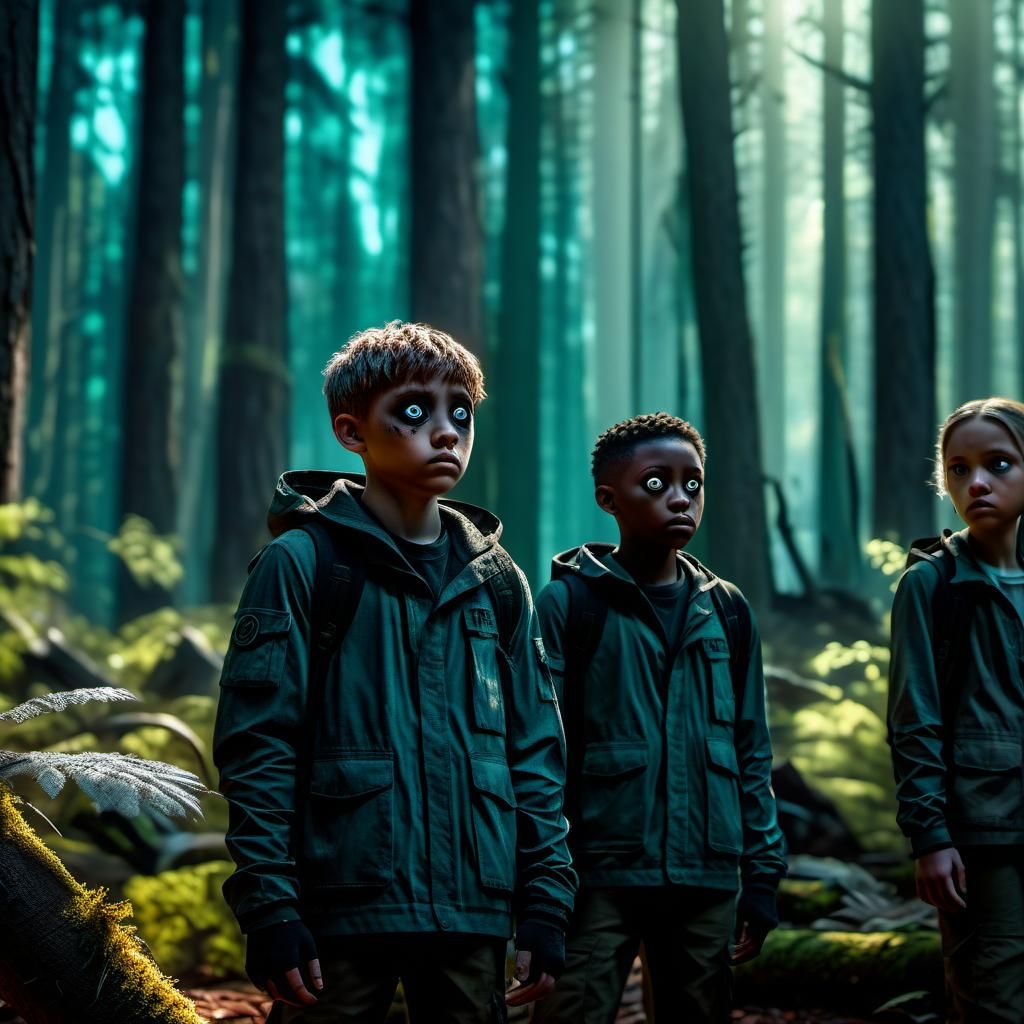 Eerie Black-Eyed Kids in Forest, Cinematic Digital Art