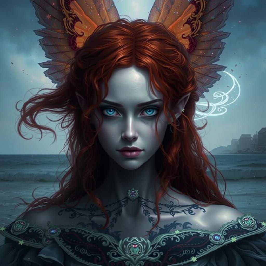 Mystical Vampire Pageant Model Flees Fae Wings on Eerie Iris...