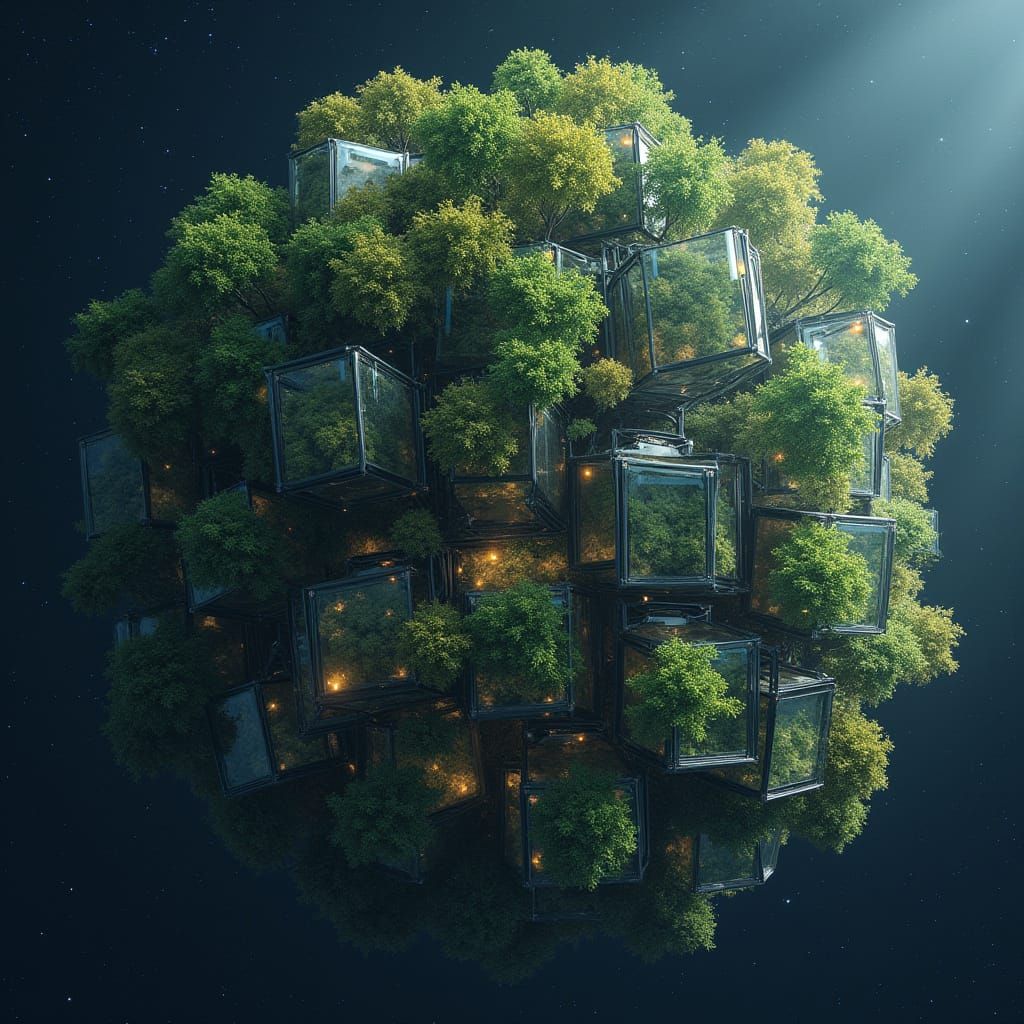 Gigantic Space Satellite With Habitable Forest Cubicles