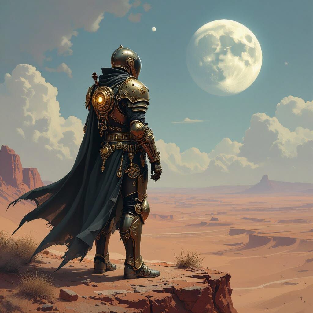 Steampunk Knight on Cliff Overlooking Alien Desert