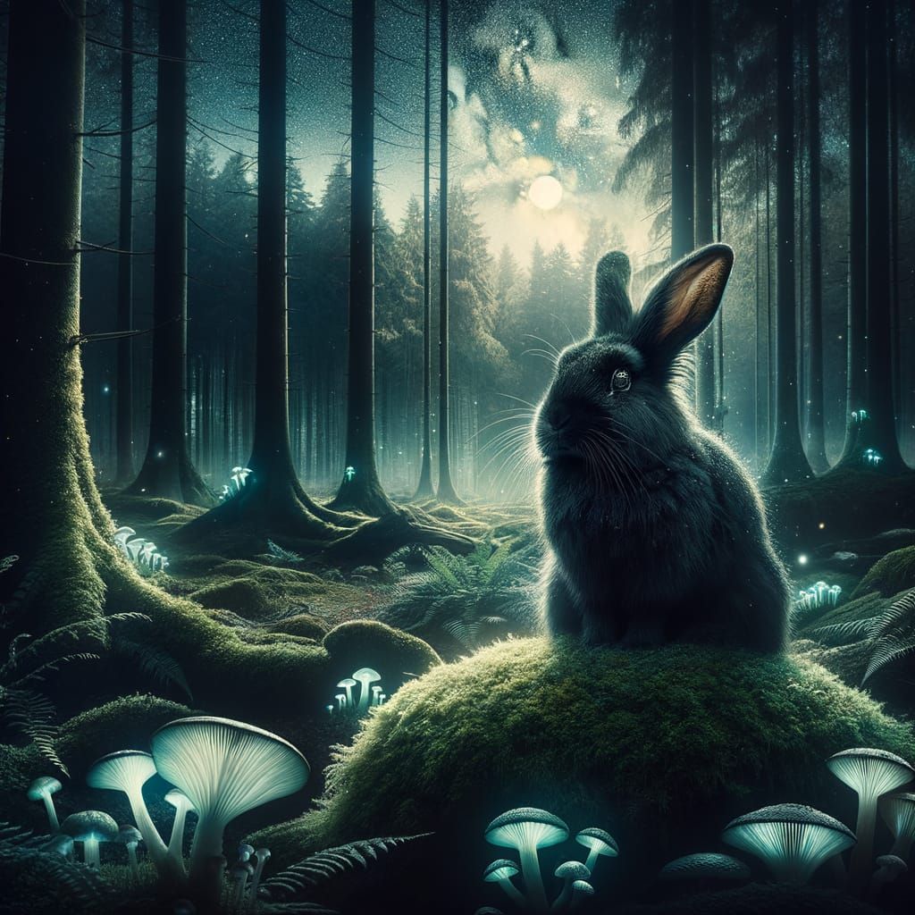 Black Rabbit in Moonlit Forest with Glowing Mushrooms