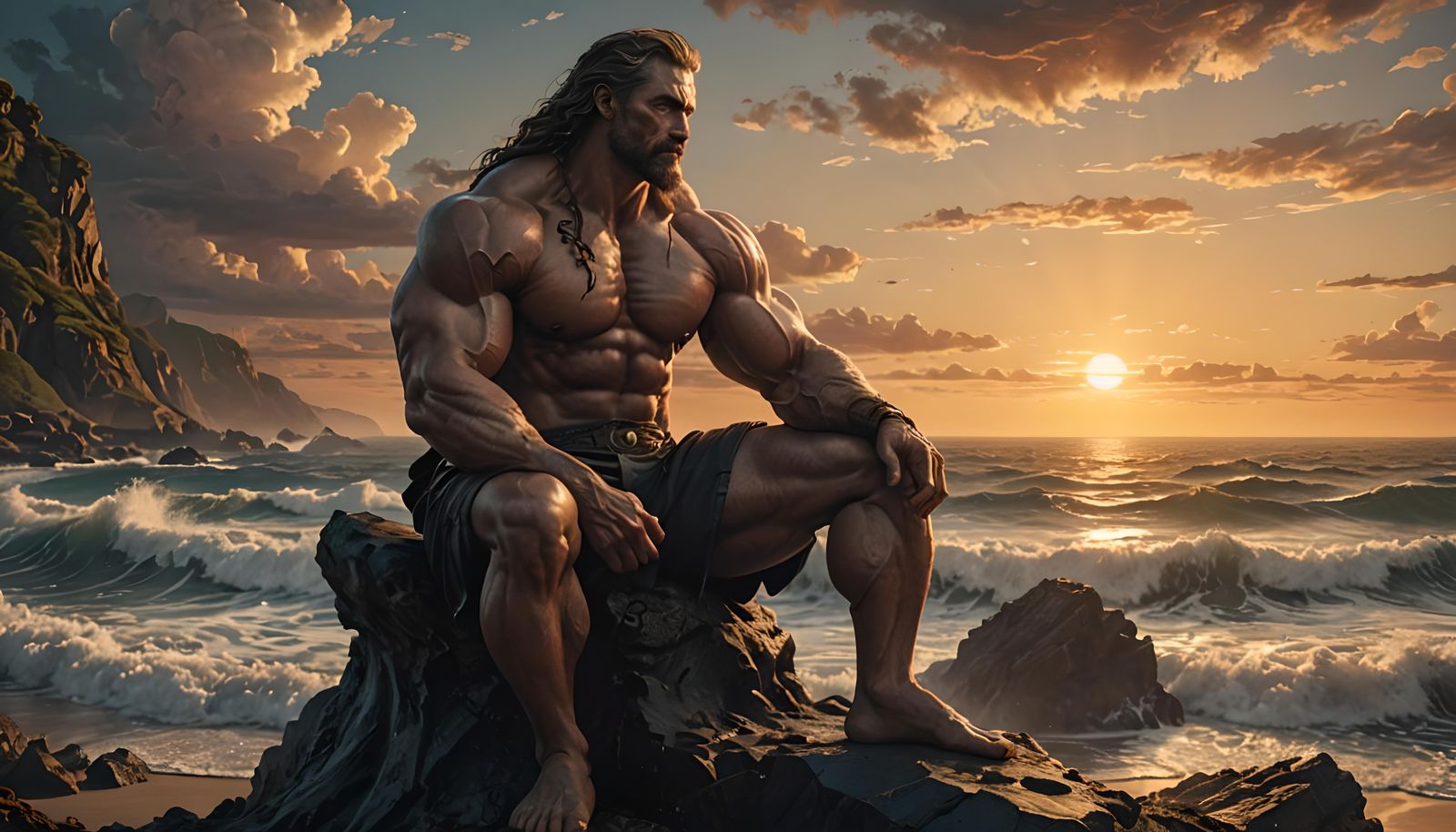 Muscular God at Sunrise: Epic Digital Painting