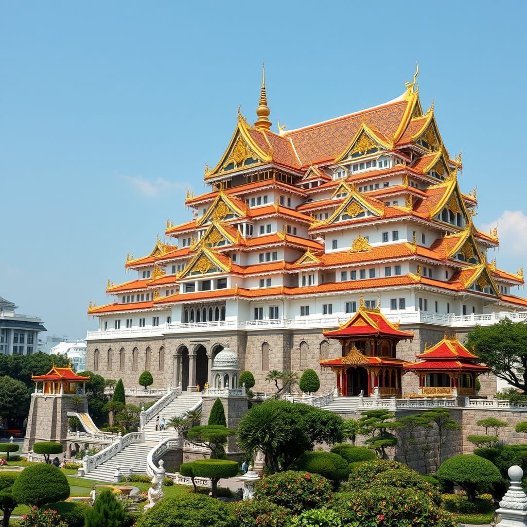 Thai Royal Palace Inspired by Osaka Castle in Cyberpunk Bang...
