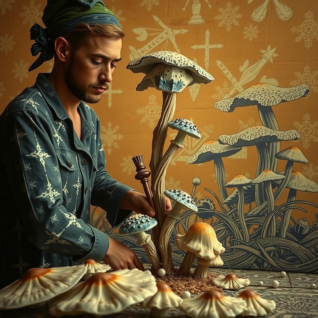 Porcelain Figures Tending Giant Mushrooms in Linocut Style