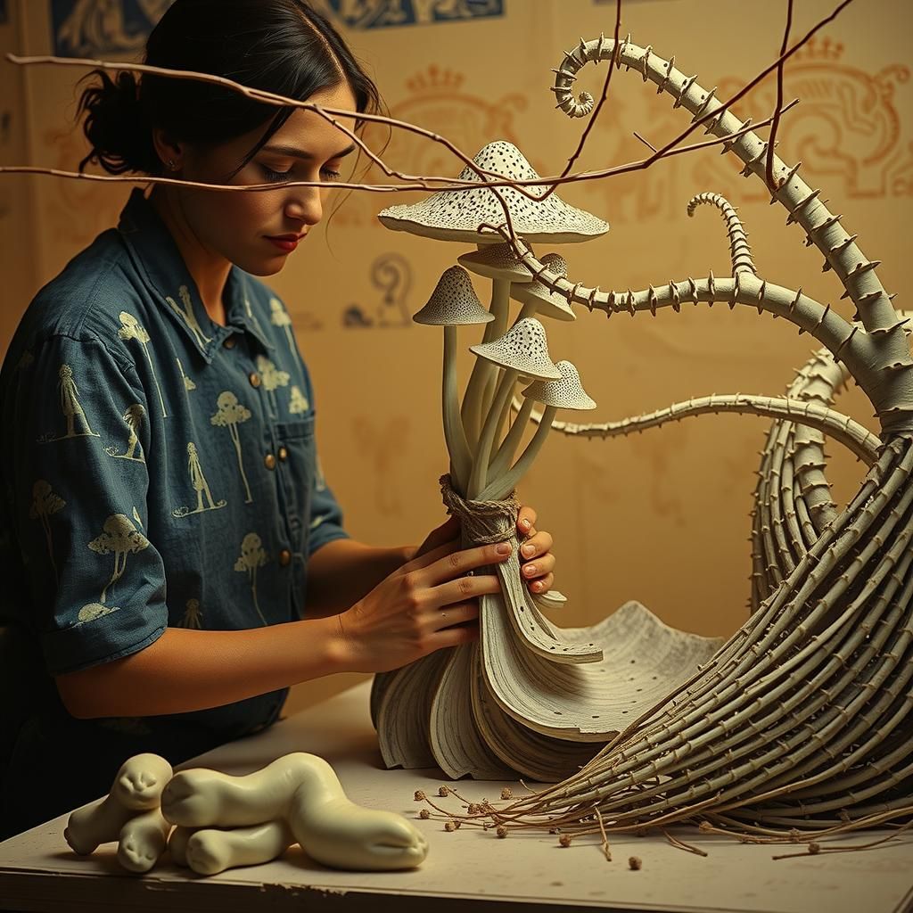 Blue and White Mushroom Garden: Linocut Style