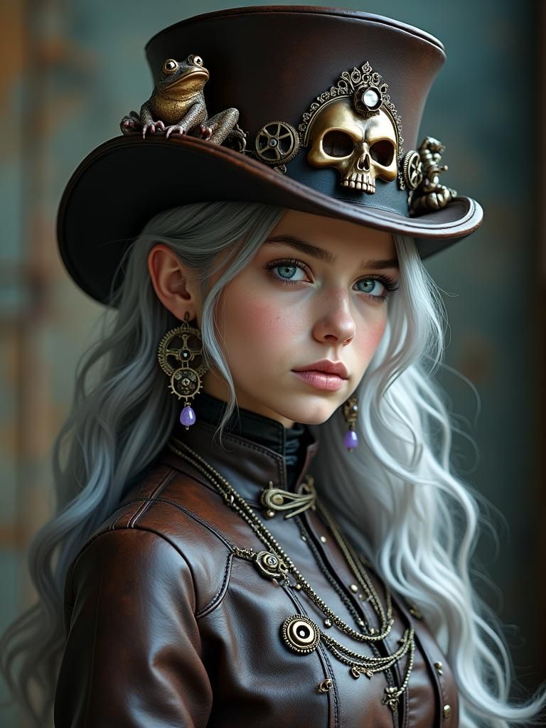 Steampunk Woman with Silver Hair and Top Hat