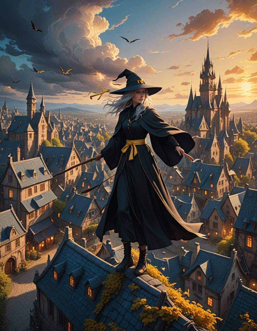 Surreal Fantasy Witch Soars Above a Whimsical Town in Sunset...