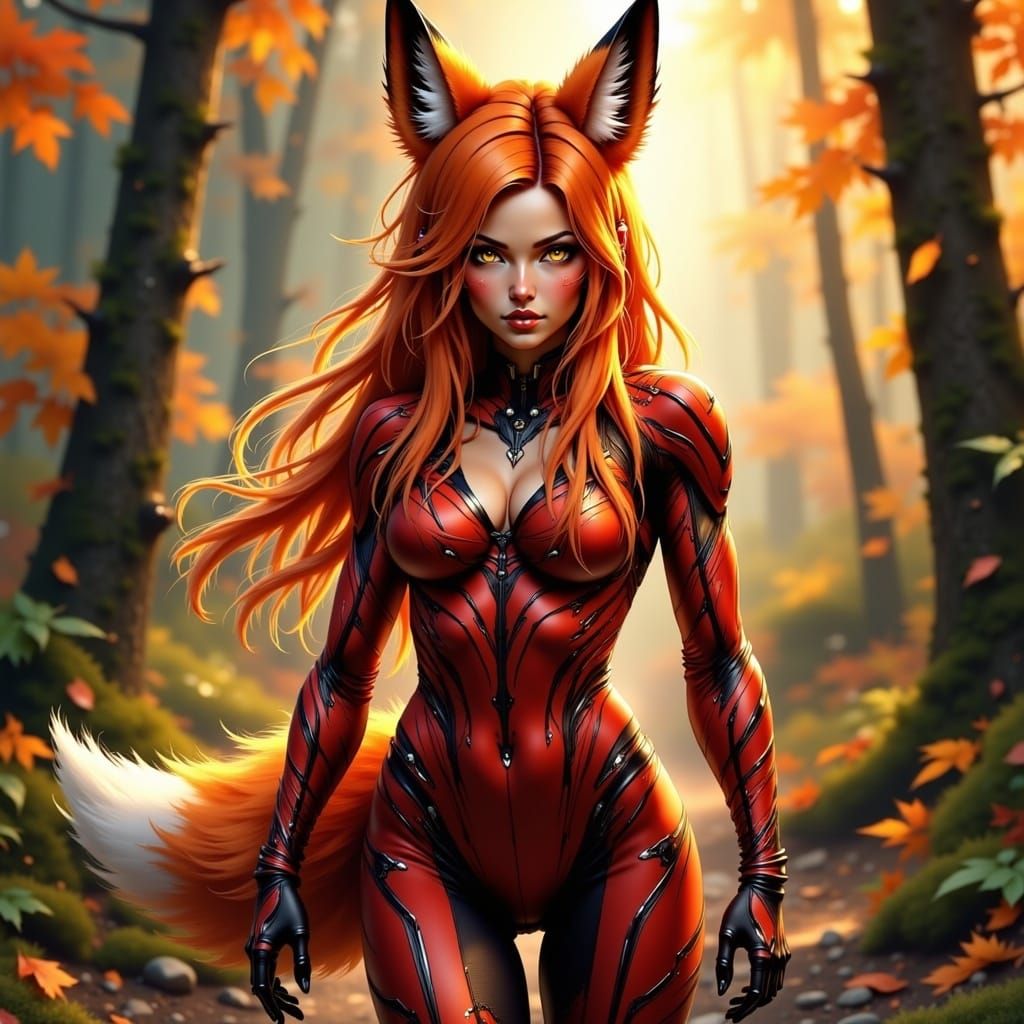 Fox-Themed Character in Lush Forest, Digital Art