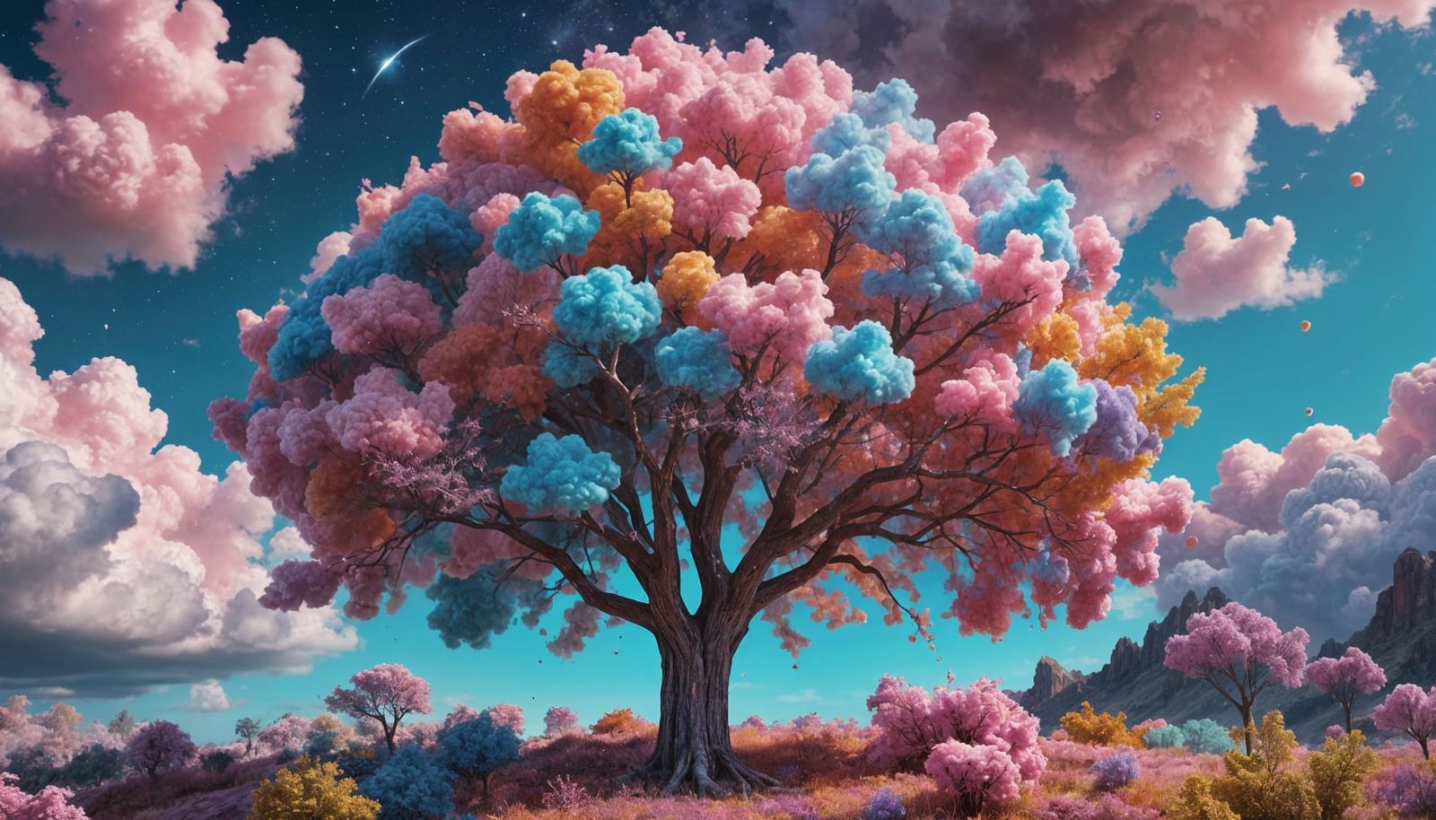 Candy Tree in Cosmic Cotton Candy Sky Illustration