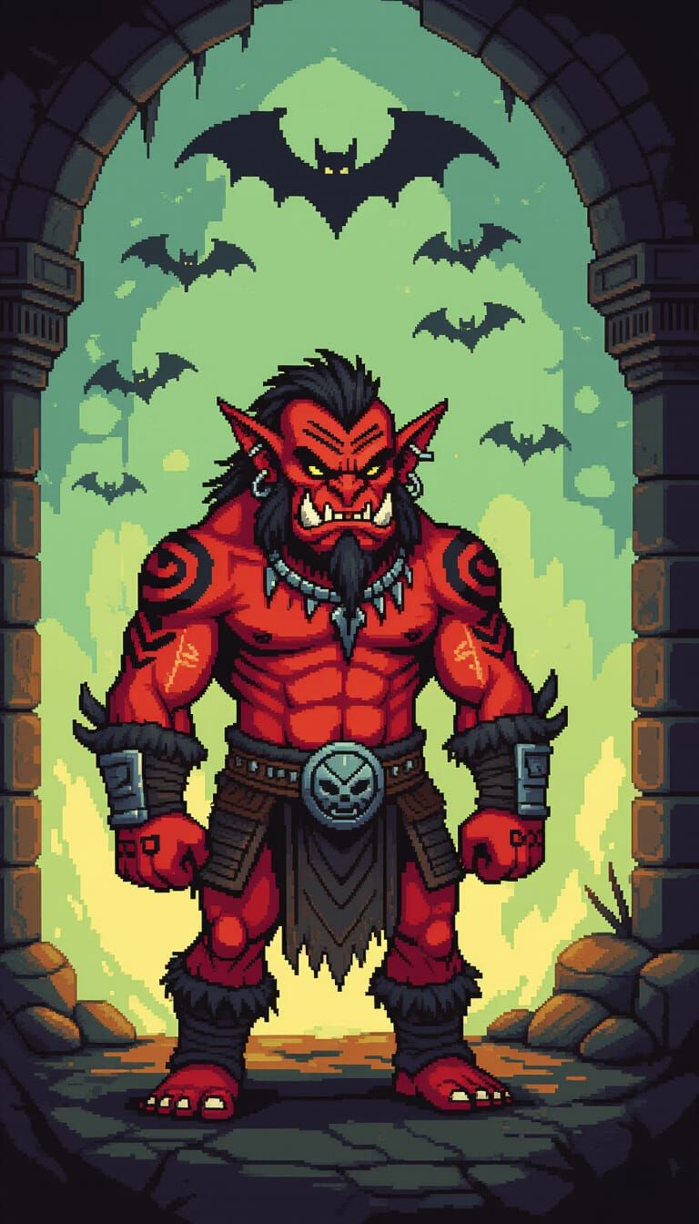 Red Orc with Tribal Tattoo in Pixel Art Dungeon