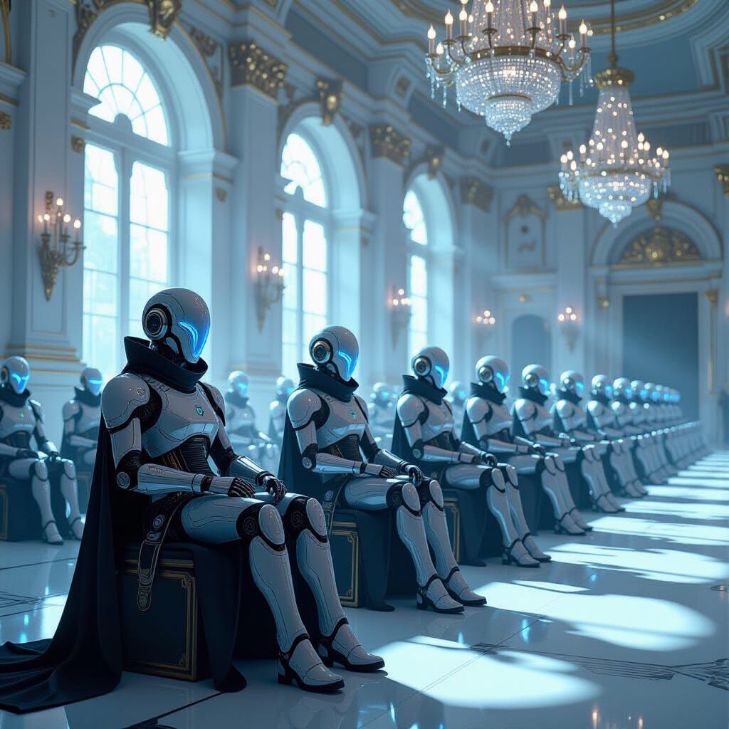 Futuristic AI Council in Baroque Hall