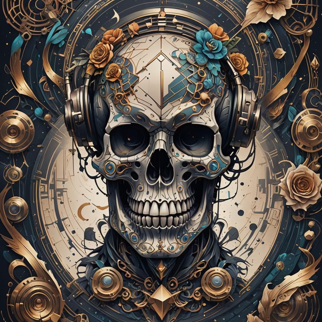 Geometric Skull and Music Sleeve Tattoo Design