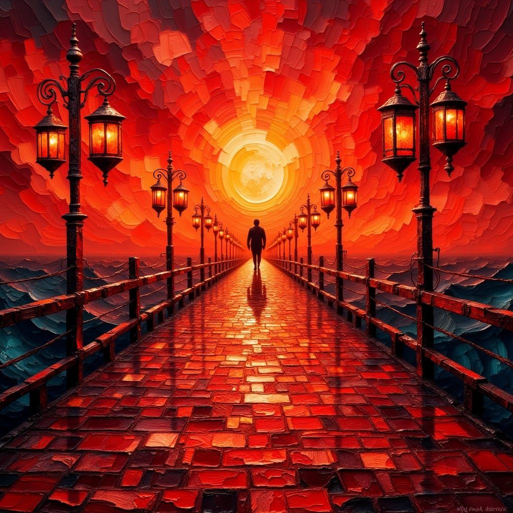 Crimson Bridge to Apocalyptic Sunset as Impasto Painting