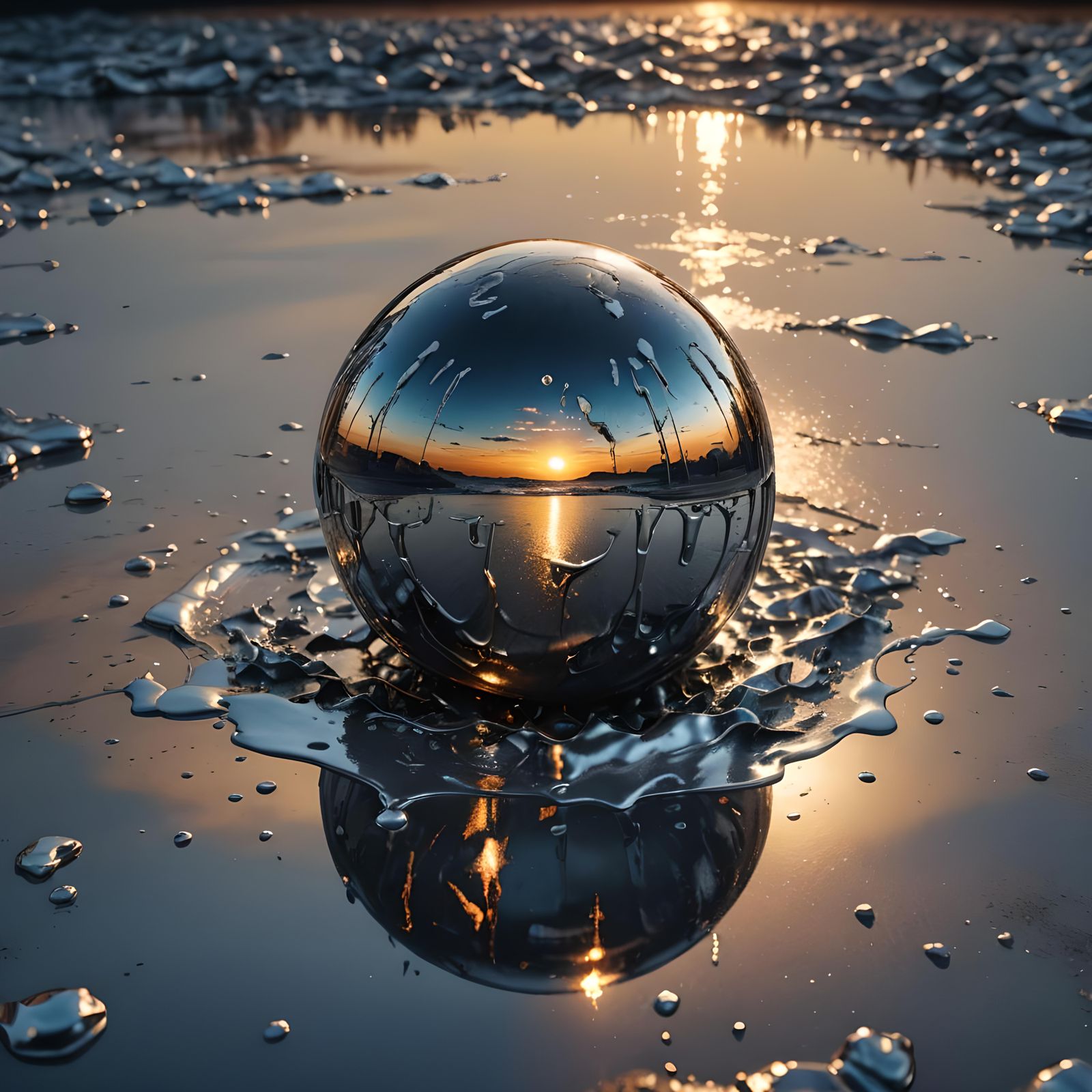 Melting Silver Sphere in Sunset: Digital Painting