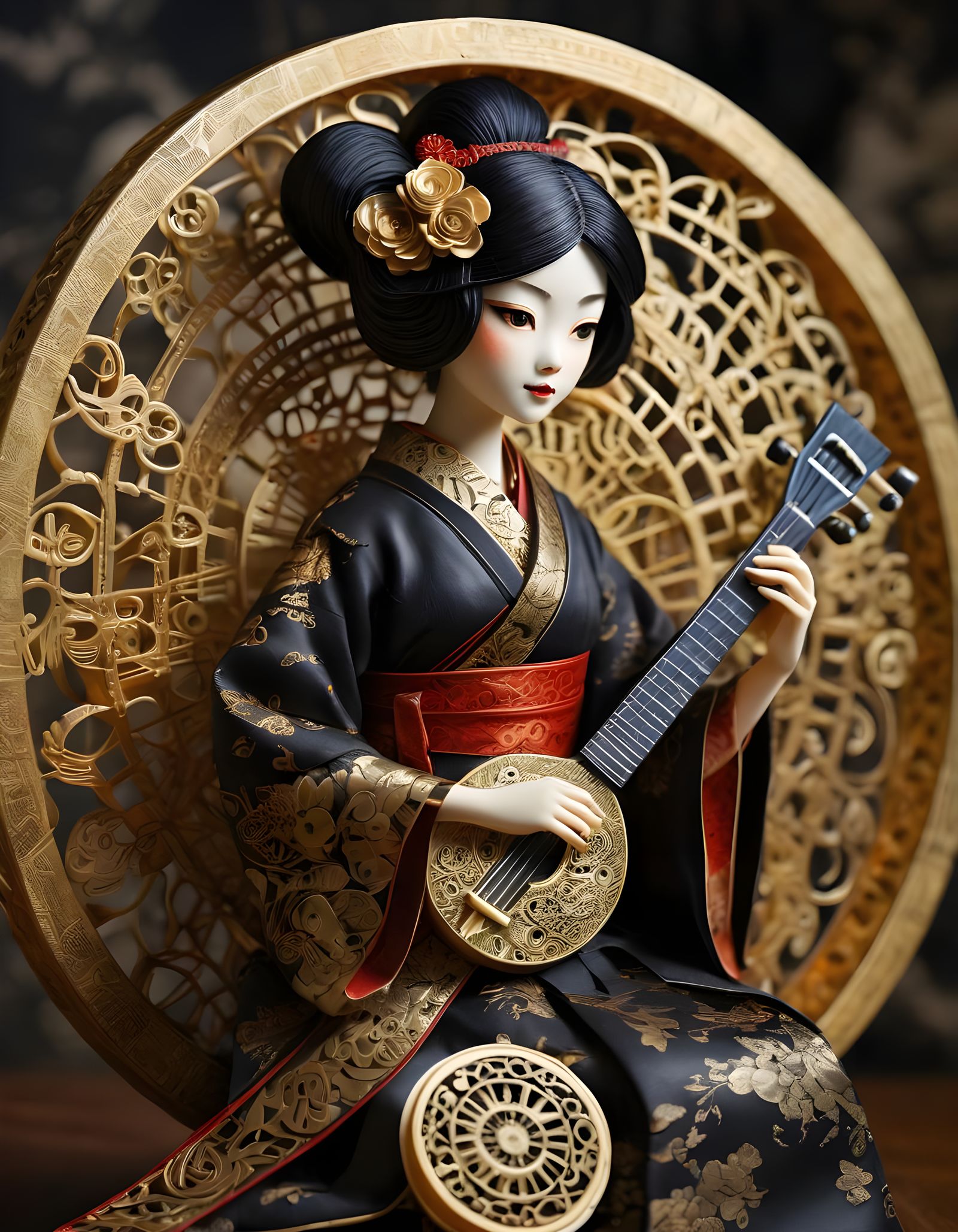 Steampunk Japanese Woman Clockwork Toy with Shamisen
