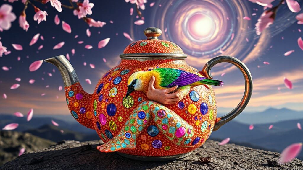 Seated Figure Teapot Embraces Bird in Psychedelic Collage