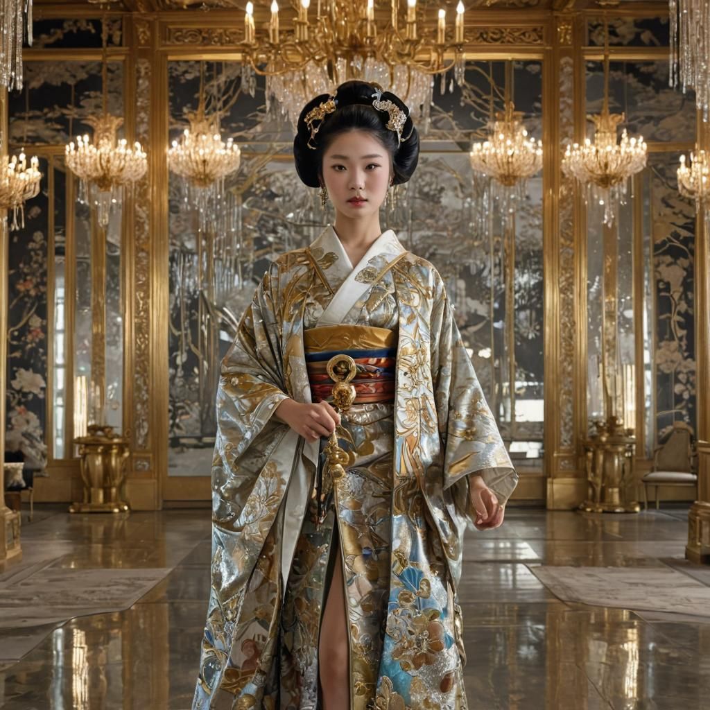 Geisha in Retro-Futuristic Versailles Ballroom