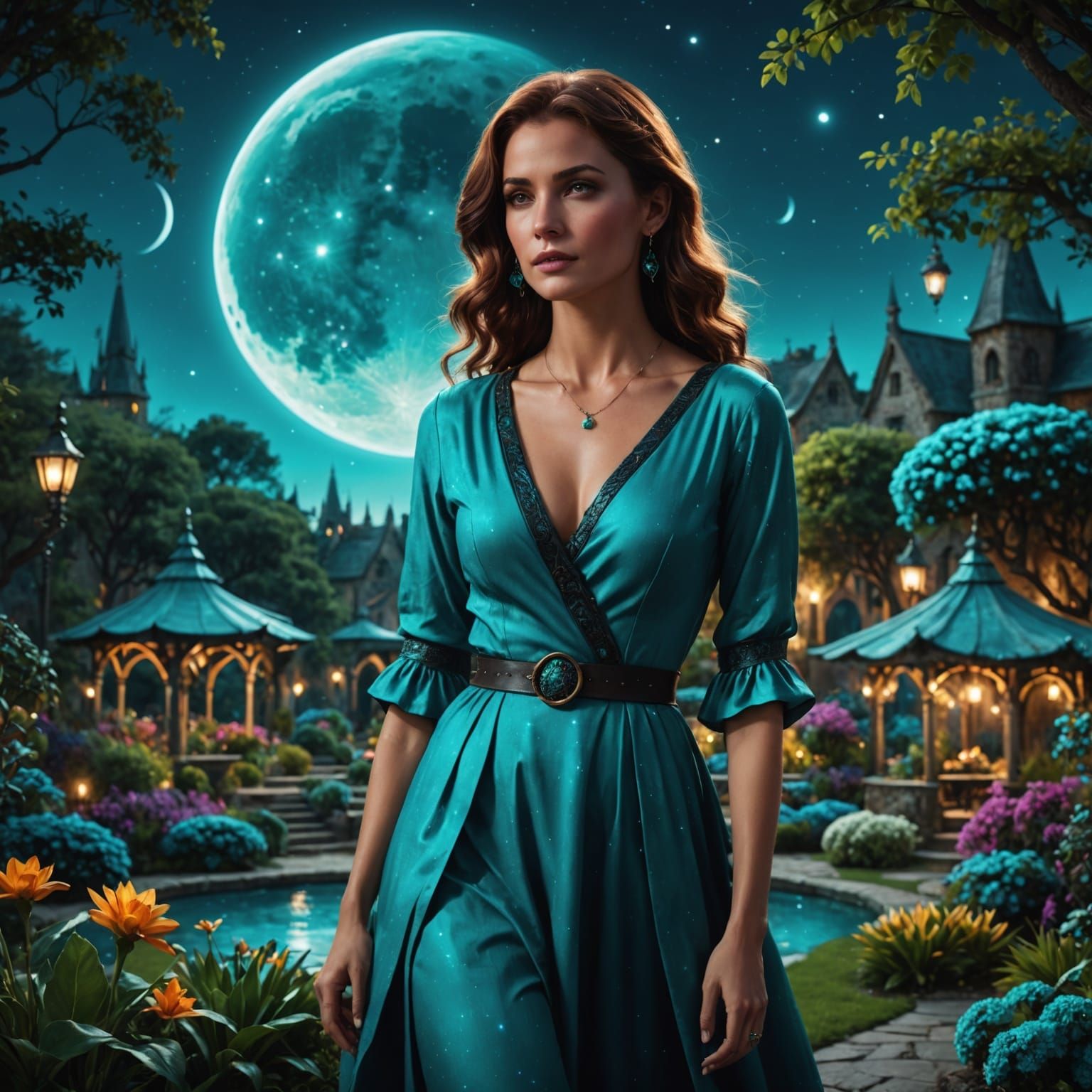 Ethereal Woman Amidst Turquoise Night Sky