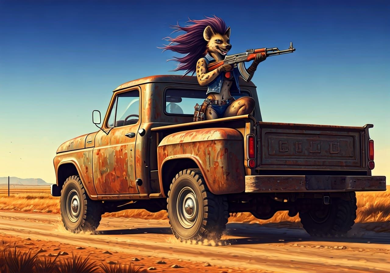 Hyena Warrior Roaring Through Oklahoma in Comic Book Style