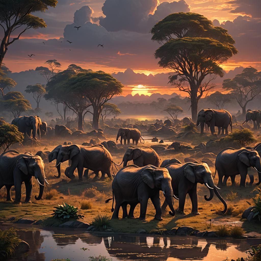 Elephants at Sunset: Detailed Matte Painting
