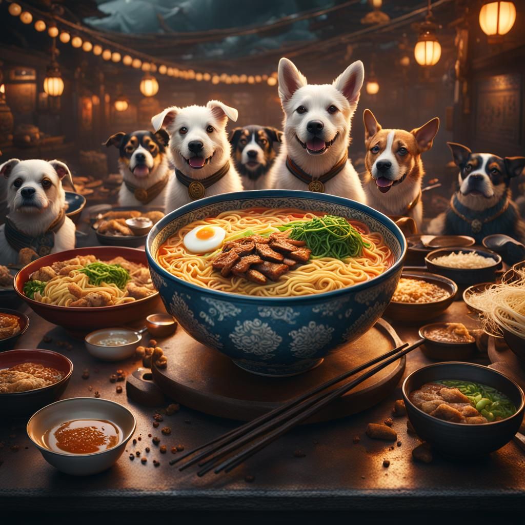Ramen Feast: A Dog's Dream in Matte Painting Style