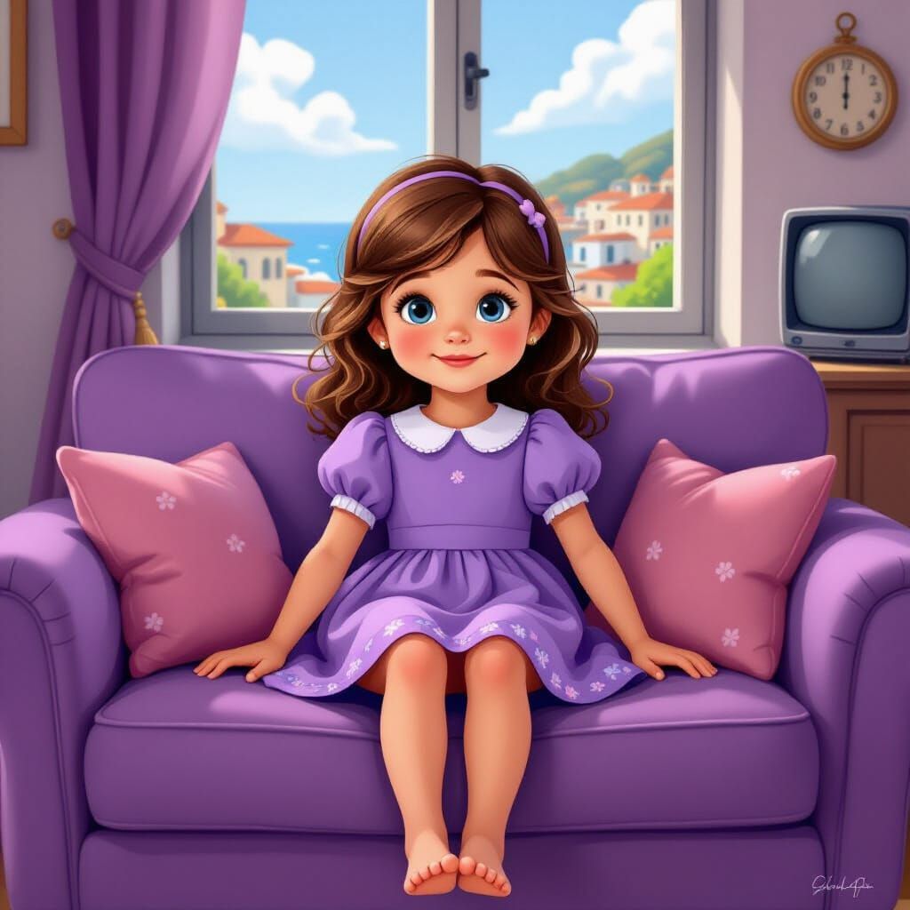 Young Italian Girl Relaxing on Couch in Cartoon Style
