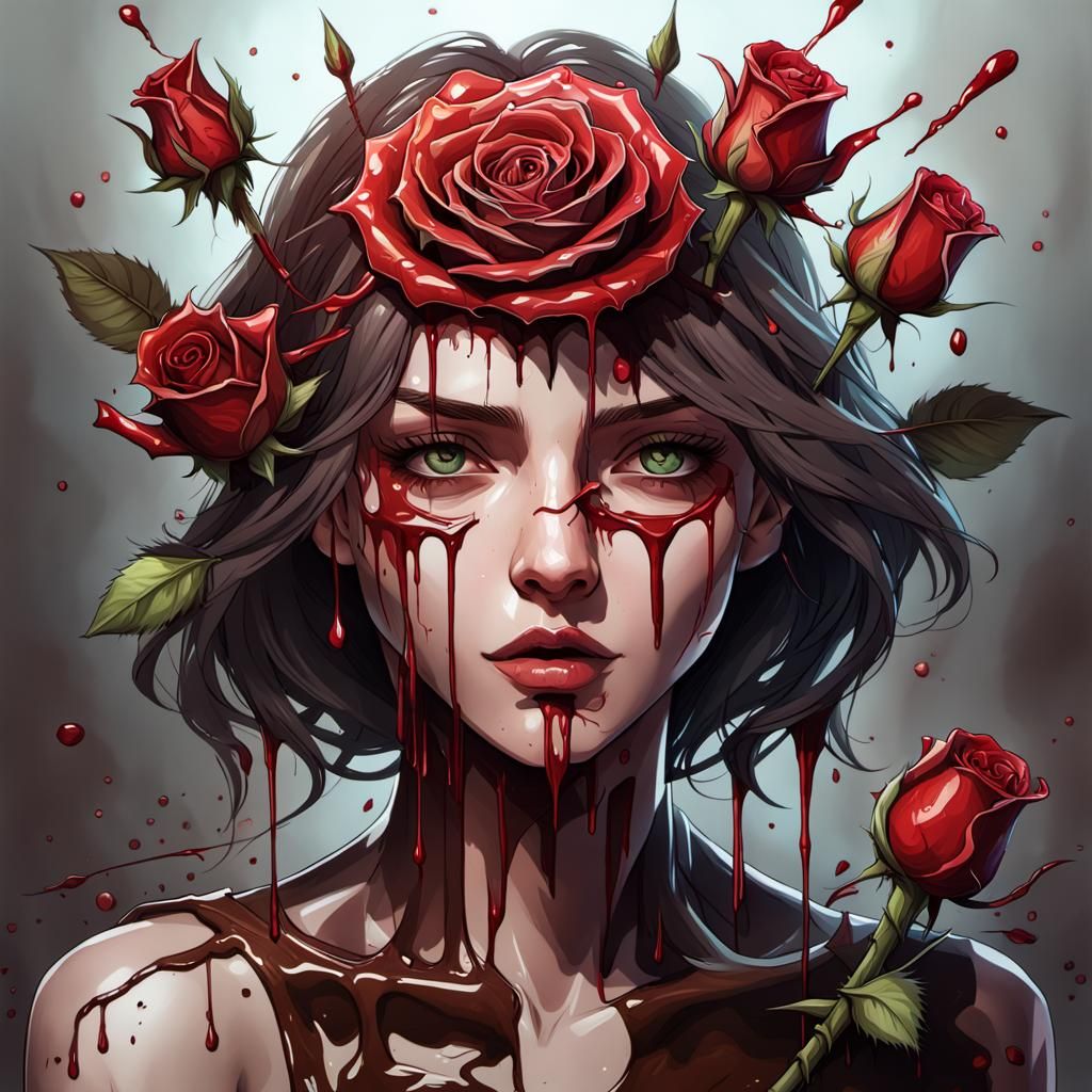 Dripping Chocolate Rose with Bleeding Hand: Hyperdetailed Po...