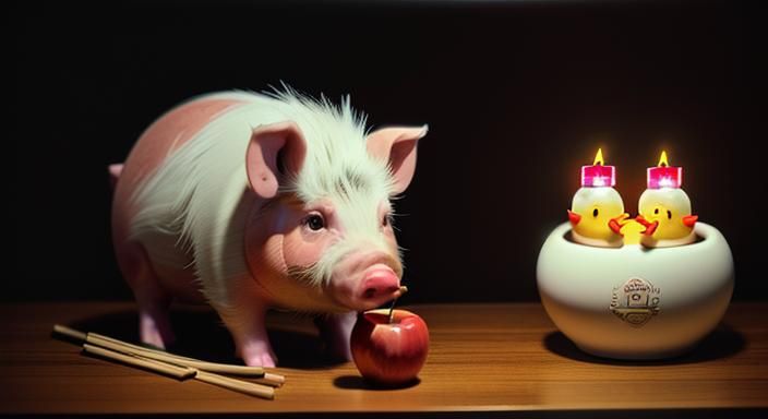 Detailed Collage of Pig, Skull, Ducks and Ramen