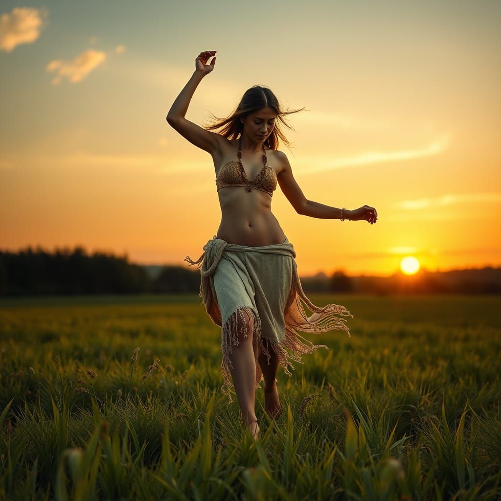 Ancient Goddess Embracing Dawn on a Vibrant Meadow