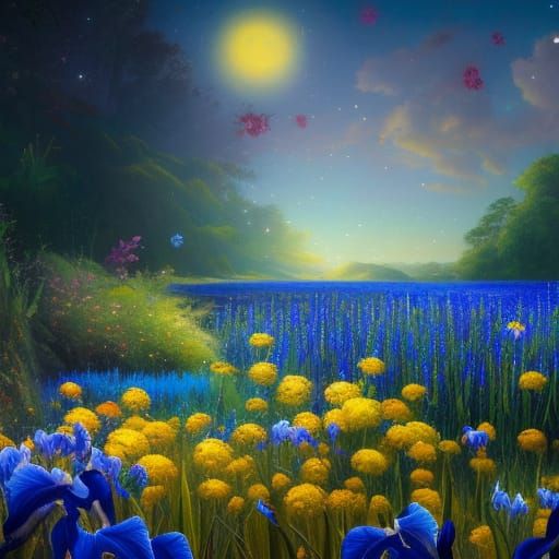 Gothic Flower Meadow Oil Painting at Night