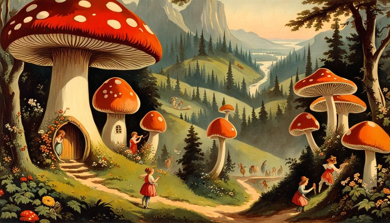 Fairies in Mushroom Village: Chromolithography Postcard Art